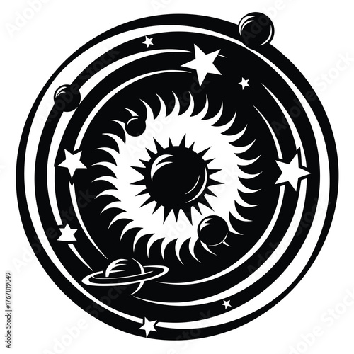 Stylized solar system graphic with sun planets and stars