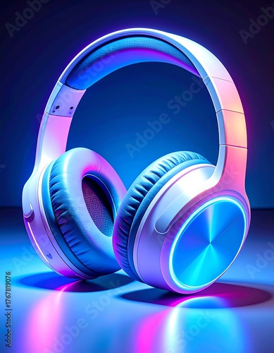 Glossy, futuristic over-ear headphones, glowing, set against blue
