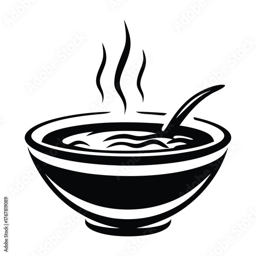 Steaming bowl of soup with spoon graphic icon