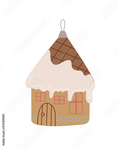 Christmas tree bauble in form of house festive decor simple doodle cartoon hand drawn vector illustration for winter holidays seasonal greeting card, invitations, banner, decor, stickers, clipart