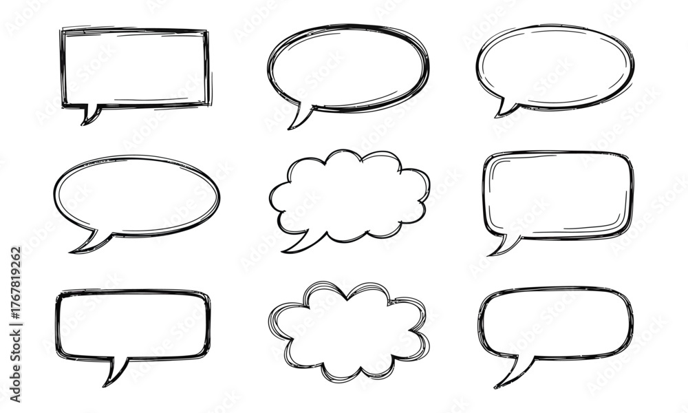 Fototapeta premium Nine hand drawn speech bubbles of various shapes are arranged on the white background