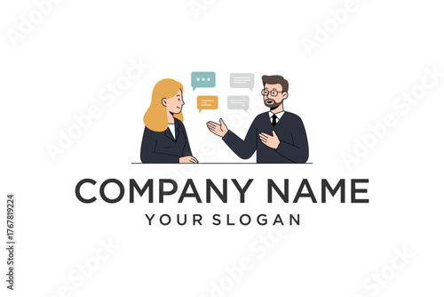 Two Business Professionals Communicating with Speech Bubbles in Flat Design Illustration