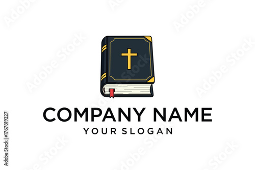 Bible Book with Golden Cross Logo Design. Christian Holy Book Icon for Church, Faith, and Education.