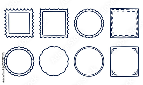 Outlined collection of square and circle shaped frames with decorative elements on transparent background