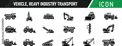 Vehicle mining heavy industry transport icon set. Including Excavator, Bulldozer, Dump Truck, Crane, Forklift, Tractor, Loader, Cement Mixer, Haul Truck, Road Roller. Vector silhouette illustration