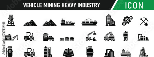 Vehicle mining heavy industry transport icon set. Including Excavator, Bulldozer, Dump Truck, Crane, Forklift, Tractor, Loader, Cement Mixer, Haul Truck, Road Roller. Vector silhouette illustration