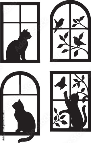 Cat in Rectangular Window: “She watches the world, but never interrupts.”

Birds in Arched Window: “They perch where silence blooms.”

