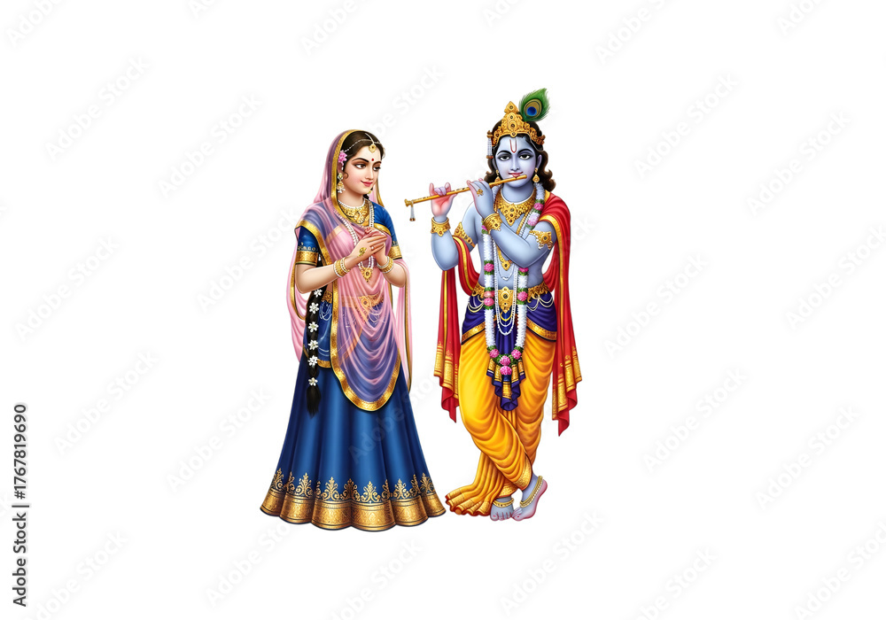 Fototapeta premium Lord krishna playing flute with radha on white background