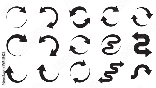 A collection of fifteen different black arrow icons, showing various circular, curved, and wavy shapes for direction and refresh symbols.