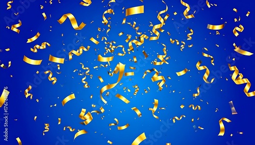 Glossy, gold ribbons and confetti falling against a vibrant blue background