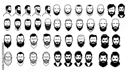 Men Beard Styles Black Silhouette Icon Set Vector Collection, Male Grooming Shapes, and Modern Barber Design Elements Pack