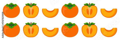 Persimmon border design, repeating fruits and halves, seasonal pattern strip, autumn harvest decoration, market label vector