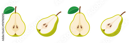 Pear fruits set, whole pears with stems, halved and cross section views, fresh orchard produce, healthy food vector