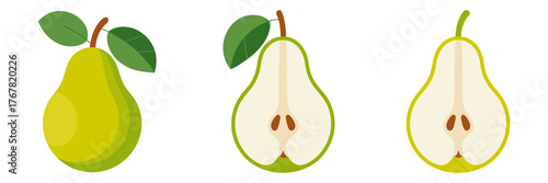 Green pear collection, whole fruit with leaf, two sliced halves showing seeds, fresh market produce, clean vector graphics