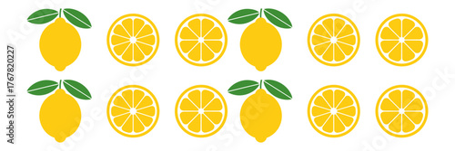 Seamless lemon border, repeating citrus halves with tiny leaves, cheerful kitchen divider, summertime drink theme, editable vector set