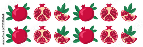 Red pomegranate border, repeating whole fruits with leafy tops and halves, festive market pattern, decorative strip, vector illustration