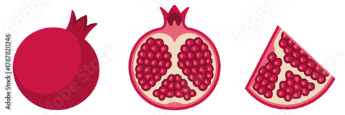 Pomegranate fruit collection, whole berry with crown, cut half showing seeds, triangular wedge, fresh nutritious food, vector