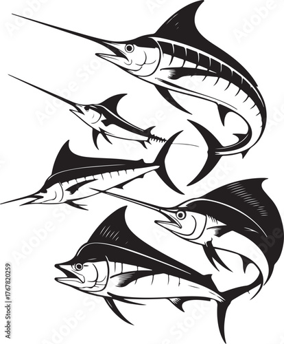 Black silhouette vector illustrations of four marlin and sailfish black and white