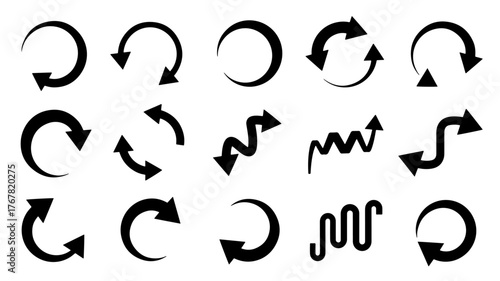 Collection of various black arrow icons, representing different directions and circular motions.