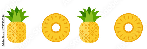 Pineapple rings and tops, juicy golden slices, tropical fruit set, summer smoothie garnish, fresh market vector illustration
