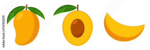 Mango fruit trio, golden whole with leaf, open half showing pit, curved slice piece, tropical dessert icon, vector