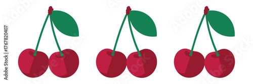 Cherry fruit pair, glossy red berries on stems, garden harvest icons, romantic dessert garnish, minimal vector design