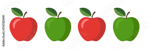 Apple icons row, red and green apples, simple flat style, healthy grocery element, kitchen label vector