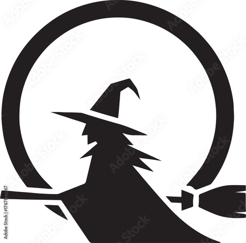 Minimalist Witch Flying Silhouette with Broomstick and Moon Background for Halloween Vector Design