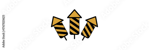 Striped caution fireworks, yellow and black rockets, explosive party symbol, festive celebration element, dynamic graphic, bold vector