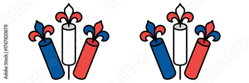 Fleur de lis fireworks rockets, red white blue stripes, celebration bundle, patriotic festival symbol, party icon, vector illustration