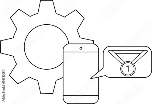 A gear phone and chat bubble with a medal containing the number 1 are depicted as line art
