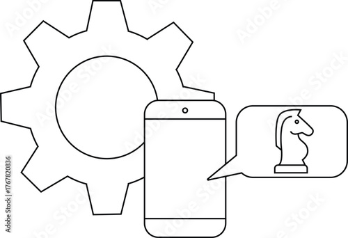A gear sits behind a smartphone which has a text bubble containing a chess knight
