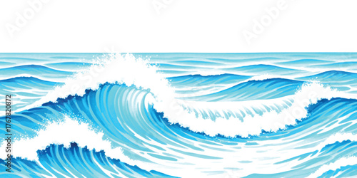 vector Turquoise ocean waves breaking with white foam under a bright sky scene 