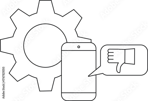 Line art shows a cogwheel phone  thumbsdown speech bubble