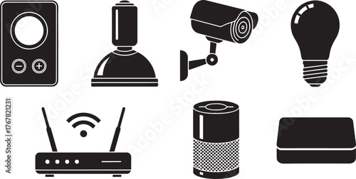 Collection of modern technology devices and smart home equipment in a clean silhouette style
