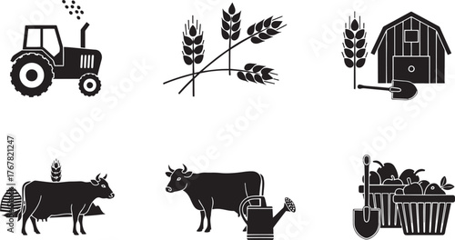 Collection of six black farm and agriculture related vector icons in silhouette style