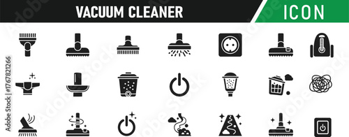 Vacuum cleaner icon set. Including Vacuum Cleaner, Dust Bag, Power Button, Cord, Hose, Brush Attachment, Filter, Canister, Carpet, Dirt Pile.  Vector silhouette illustration