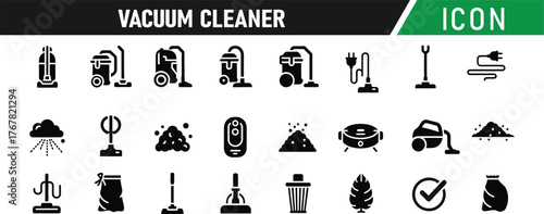 Vacuum cleaner icon set. Including Vacuum Cleaner, Dust Bag, Power Button, Cord, Hose, Brush Attachment, Filter, Canister, Carpet, Dirt Pile.  Vector silhouette illustration