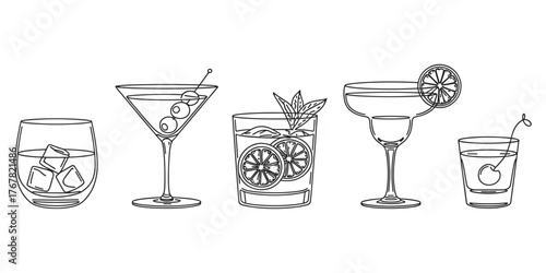 Set of Five Outline Drawings of Different Cocktail Glasses with Drinks beverage alcohol