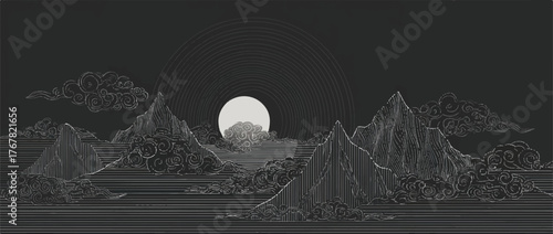 Monochrome Mountain Landscape with Rising Sun and Swirling Clouds in an Artistic Line Art Style Graphic Design for Wall Art and Digital Backgrounds