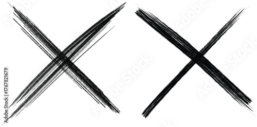 Two hand-drawn X marks black grunge style isolated on white background for design elements