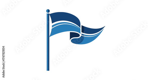 A stylized blue flag waves elegantly on a flagpole against a clean white background.