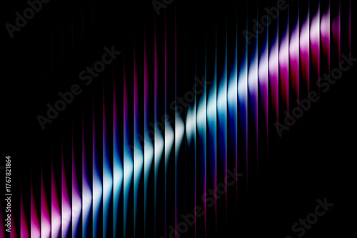 3d rendering abstract digital art featuring a vibrant, glowing waveform of pink, blue, and white light against a stark black background ribbed glass illuminated
