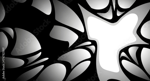 Abstract black and white organic shapes with a bright white center, creating a dynamic and energetic visual effect.