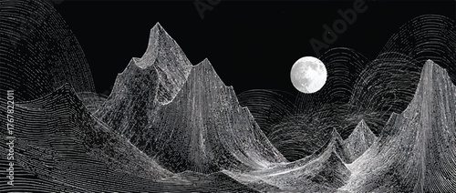 Monochrome Landscape with Mountains and Moon a Minimalist and Modern Artistic Illustration with Dark Sky Creating a Dramatic Scene