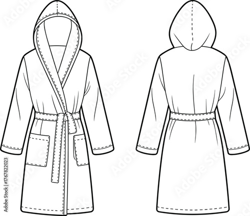 hooded bathrobe flat sketch, belted robe design, cozy sleepwear template, fashion garment outline, cad vector illustration