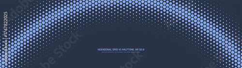 Hexagonal grid halftone pattern semi circle arc border ultra wide 32:9 aspect ratio deep blue vector abstract background. Hexagon half tone panoramic ultrawide format futuristic technology abstraction