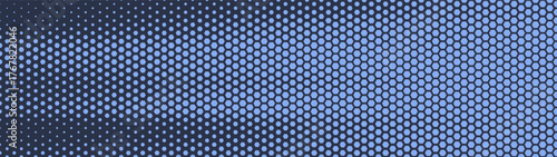 Hexagonal grid halftone pattern smooth blurred structure ultra wide 32:9 aspect ratio dark blue vector abstract background. Hexagon half tone panoramic ultrawide format futuristic dynamic abstraction
