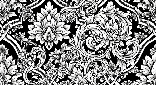 Φωτογραφία Seamless black and white damask pattern with intricate floral and acanthus leaf scrollwork