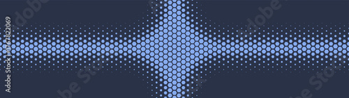 Hexagonal grid halftone pattern light twinkle form ultra wide 32:9 aspect ratio navy blue vector abstract background. Hexagon half tone panoramic ultrawide format retro futurism style abstraction